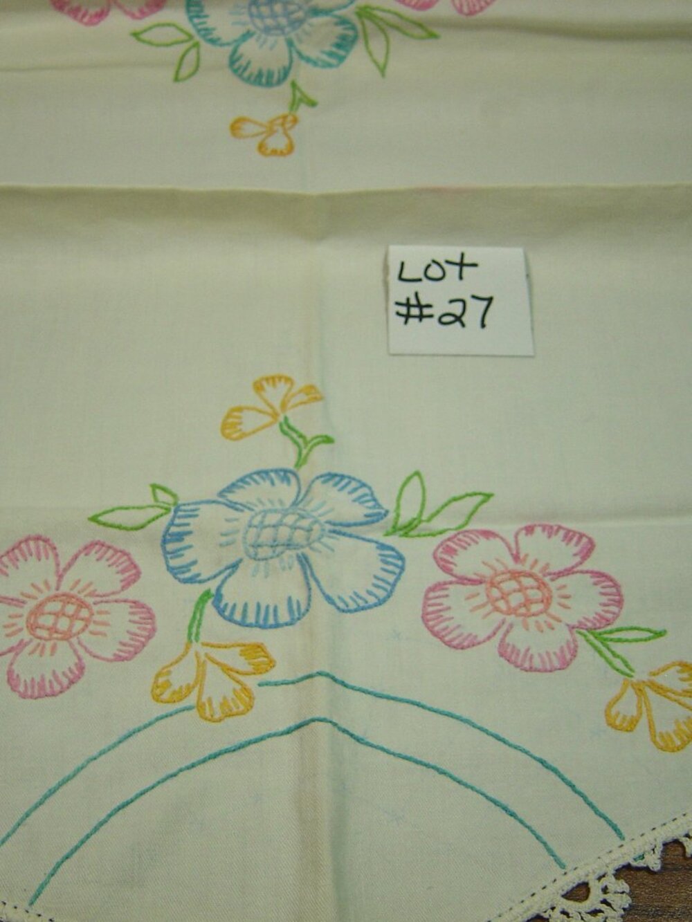 Vintage embroidered runner with floral design & crocheted edges